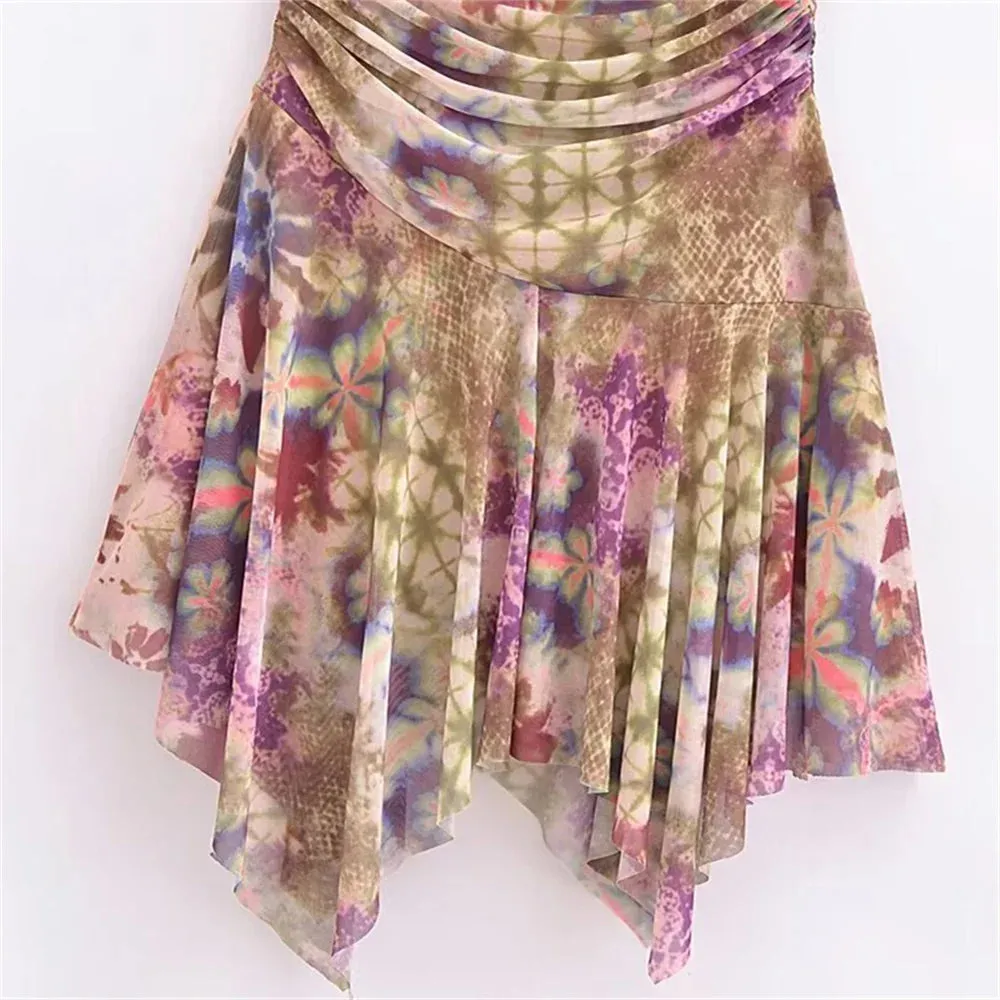 Uniwim  2024 Summer New Women's Retro Slim Fit Printed V-neck Sleeveless Hanging Neck Irregular Strap Dress