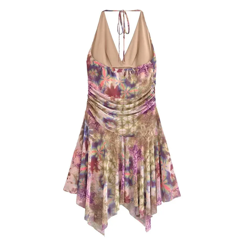 Uniwim  2024 Summer New Women's Retro Slim Fit Printed V-neck Sleeveless Hanging Neck Irregular Strap Dress