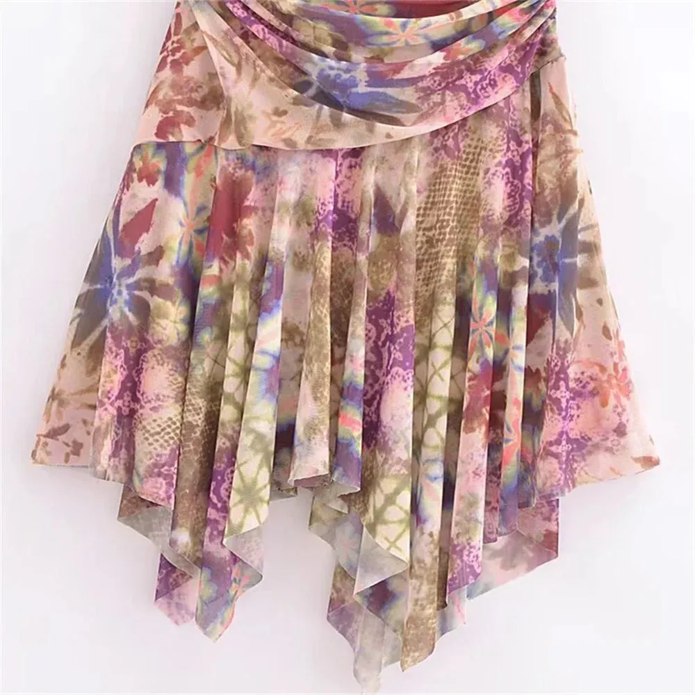Uniwim  2024 Summer New Women's Retro Slim Fit Printed V-neck Sleeveless Hanging Neck Irregular Strap Dress