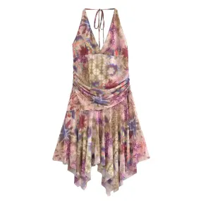 Uniwim  2024 Summer New Women's Retro Slim Fit Printed V-neck Sleeveless Hanging Neck Irregular Strap Dress