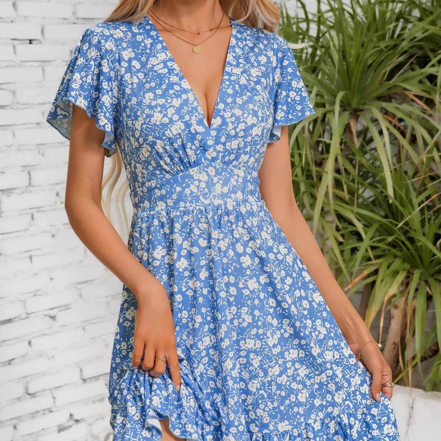 V Neck Floral Ruffle A-Line Sun Dress