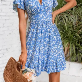 V Neck Floral Ruffle A-Line Sun Dress
