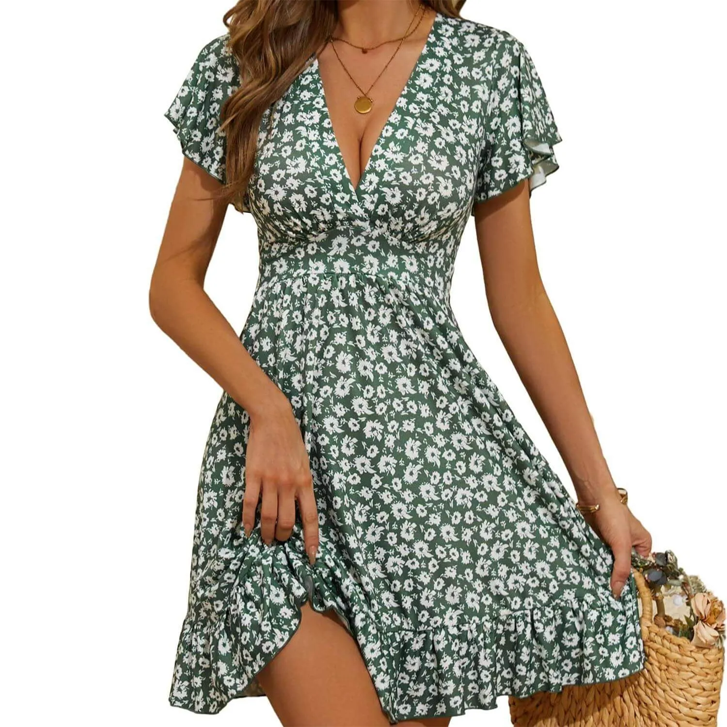 V Neck Floral Ruffle A-Line Sun Dress
