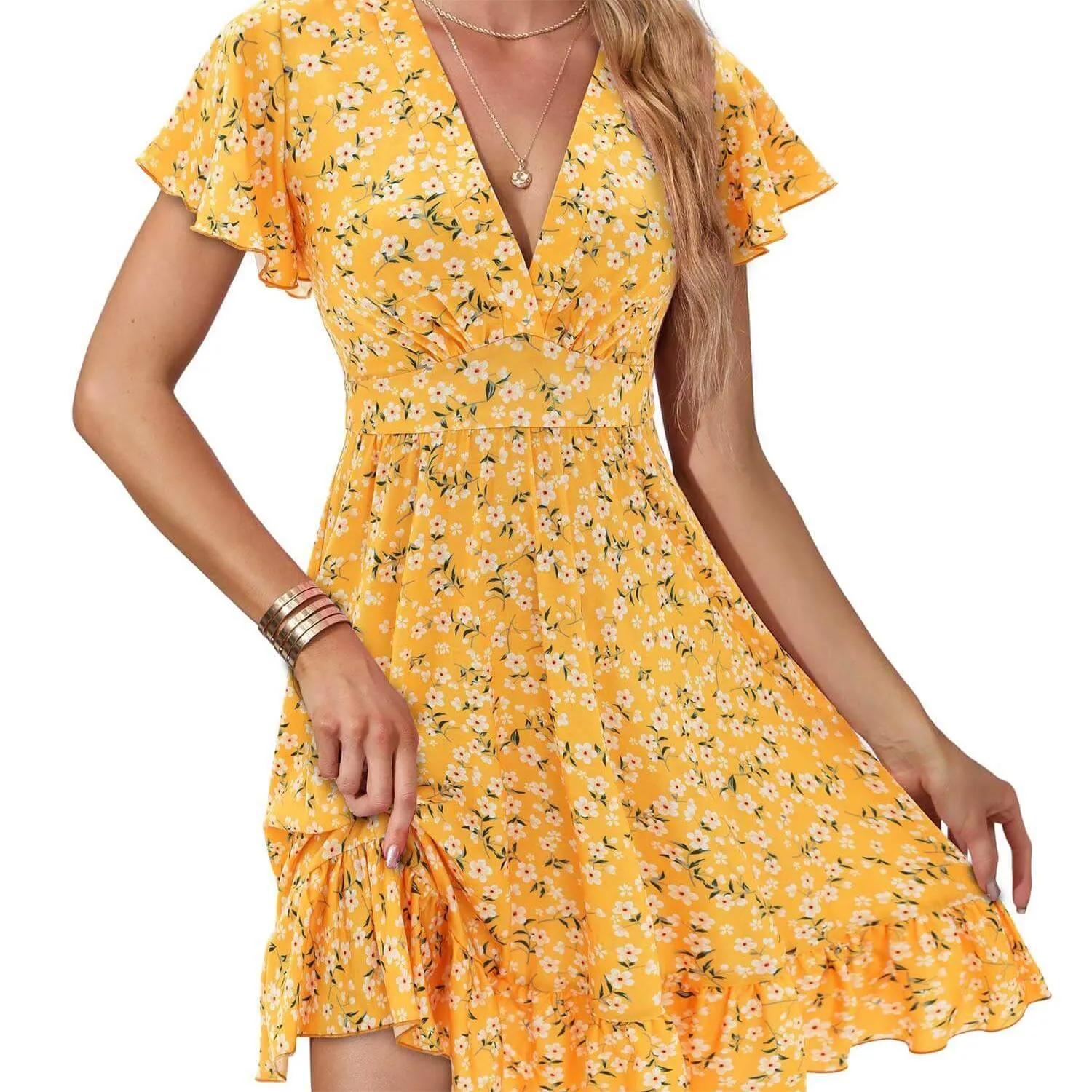V Neck Floral Ruffle A-Line Sun Dress