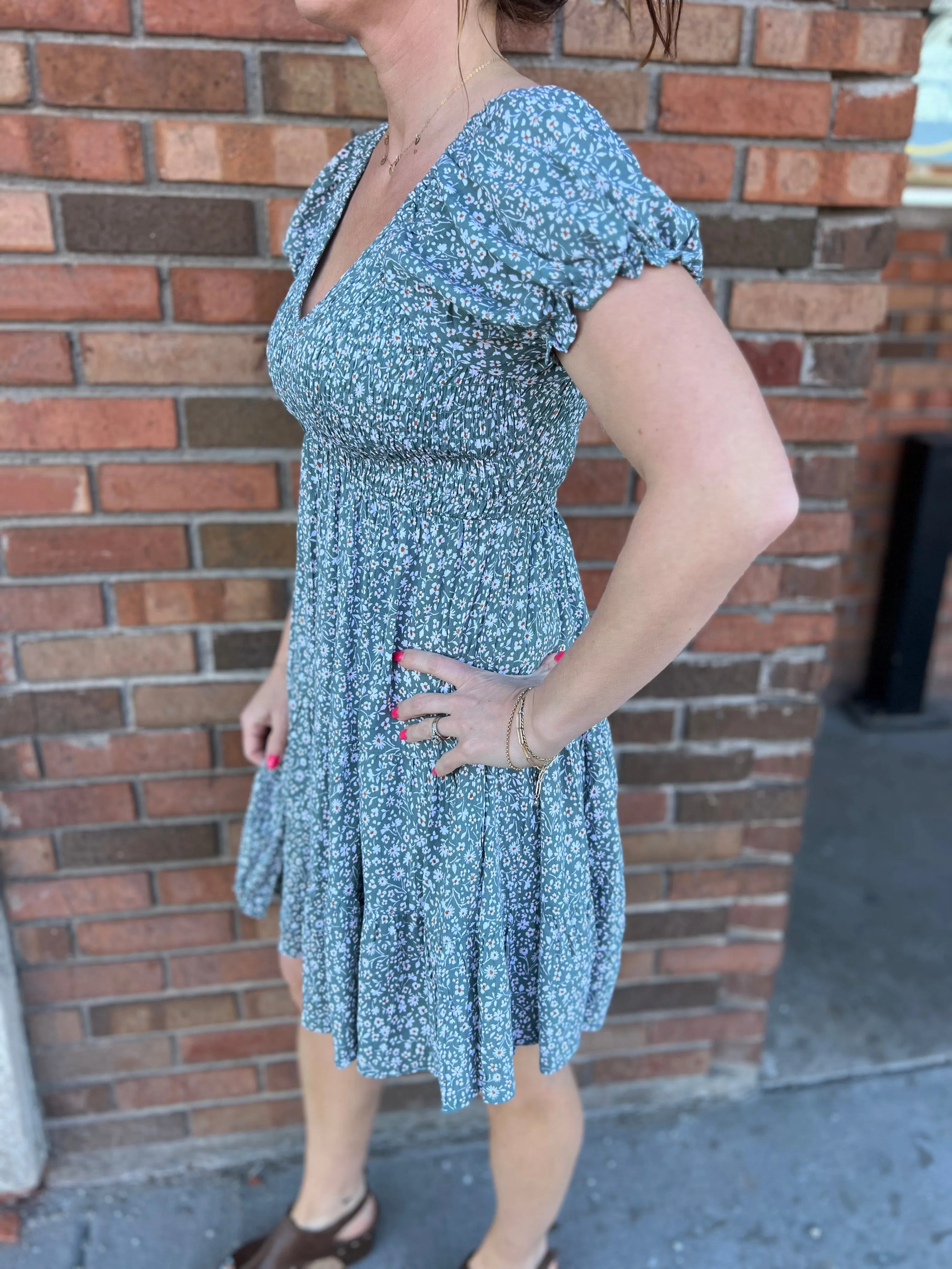 V Neck Puffed Sleeve Smocked Bodice Dress