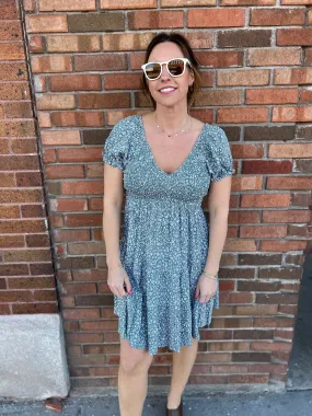 V Neck Puffed Sleeve Smocked Bodice Dress