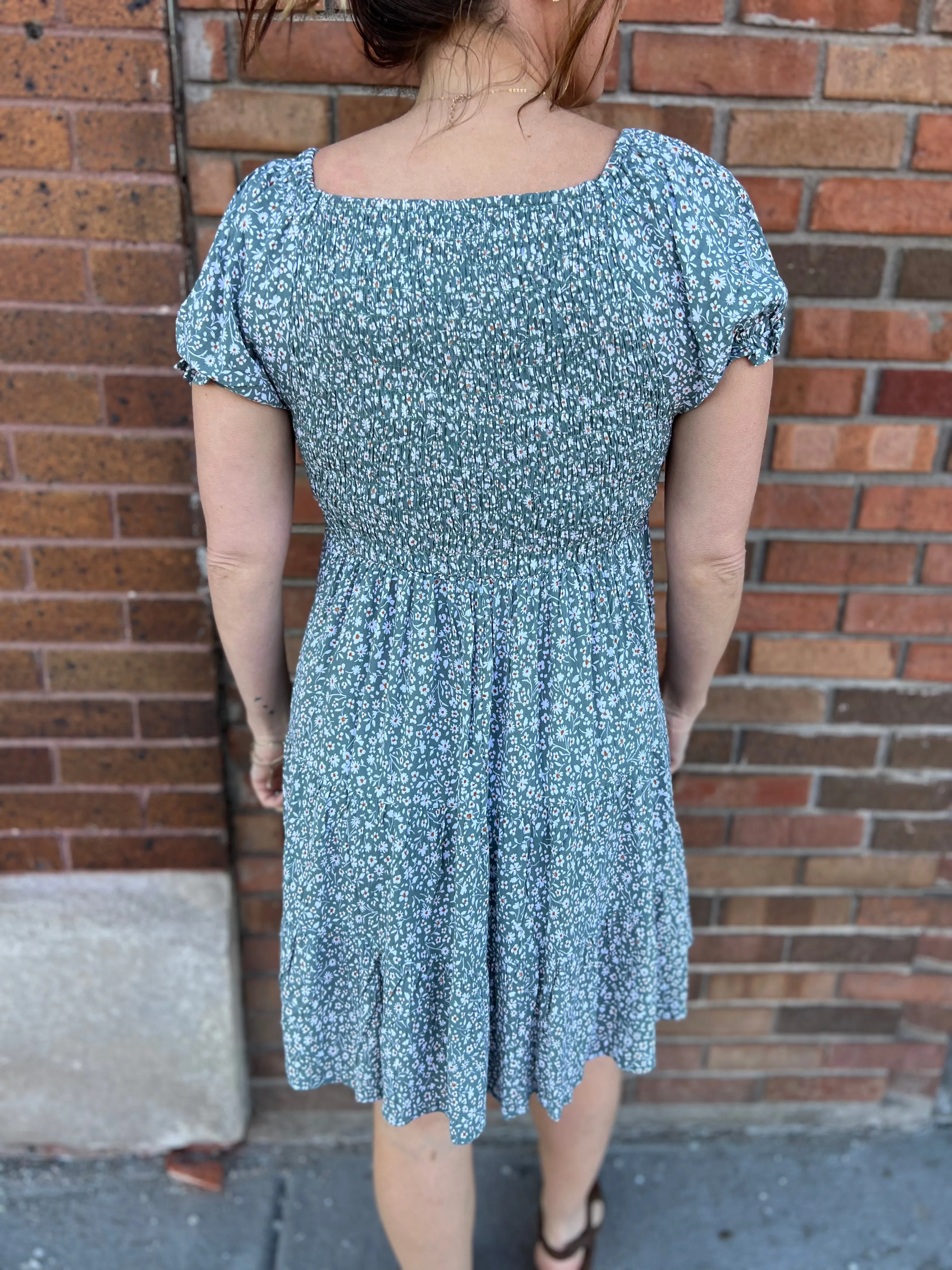 V Neck Puffed Sleeve Smocked Bodice Dress