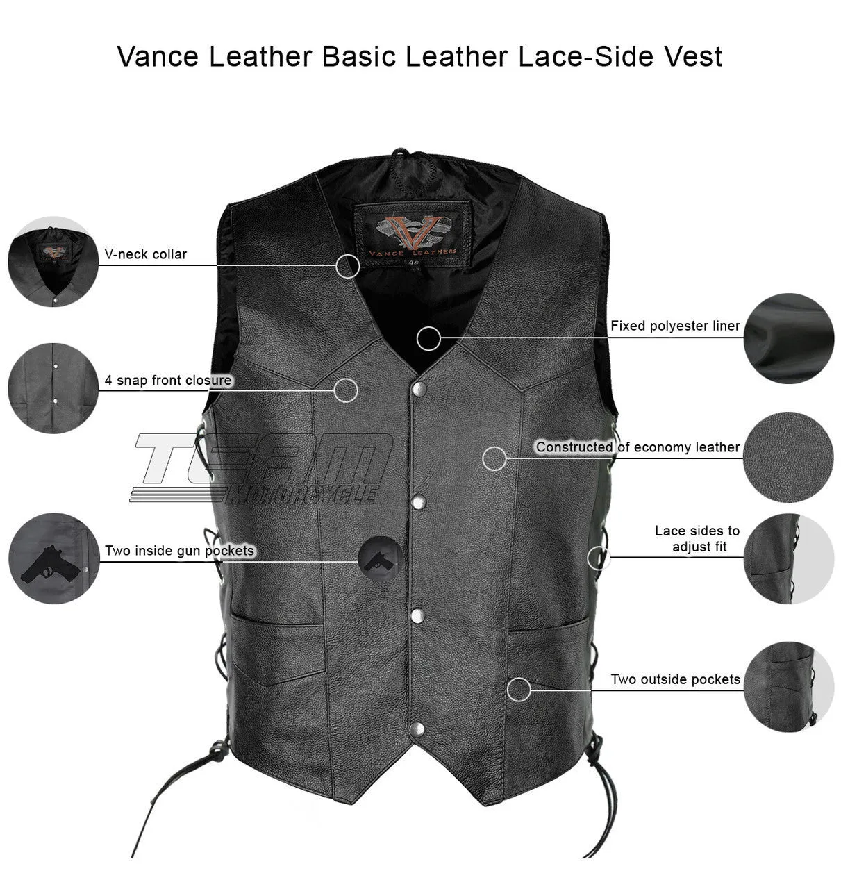 Vance Men's Basic Black Side Lace Leather Vest
