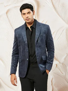 VASTRAMAY Men's Navy Blue Velvet Blazer