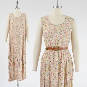 Vintage 90s Cream Floral and Fruit Print Boho Sleeveless Maxi Dress size M L