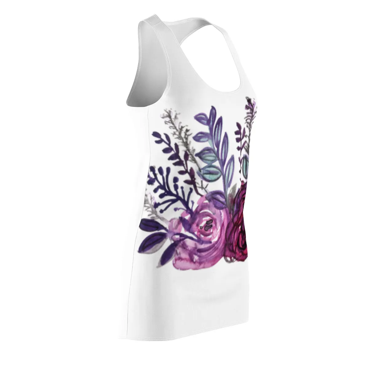 White & Purple Rose Dress, Floral Print Women's Racerback Dress -Made in USA (Size: XS-2XL)