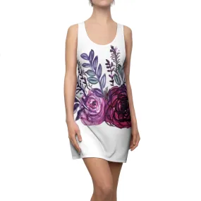White & Purple Rose Dress, Floral Print Women's Racerback Dress -Made in USA (Size: XS-2XL)