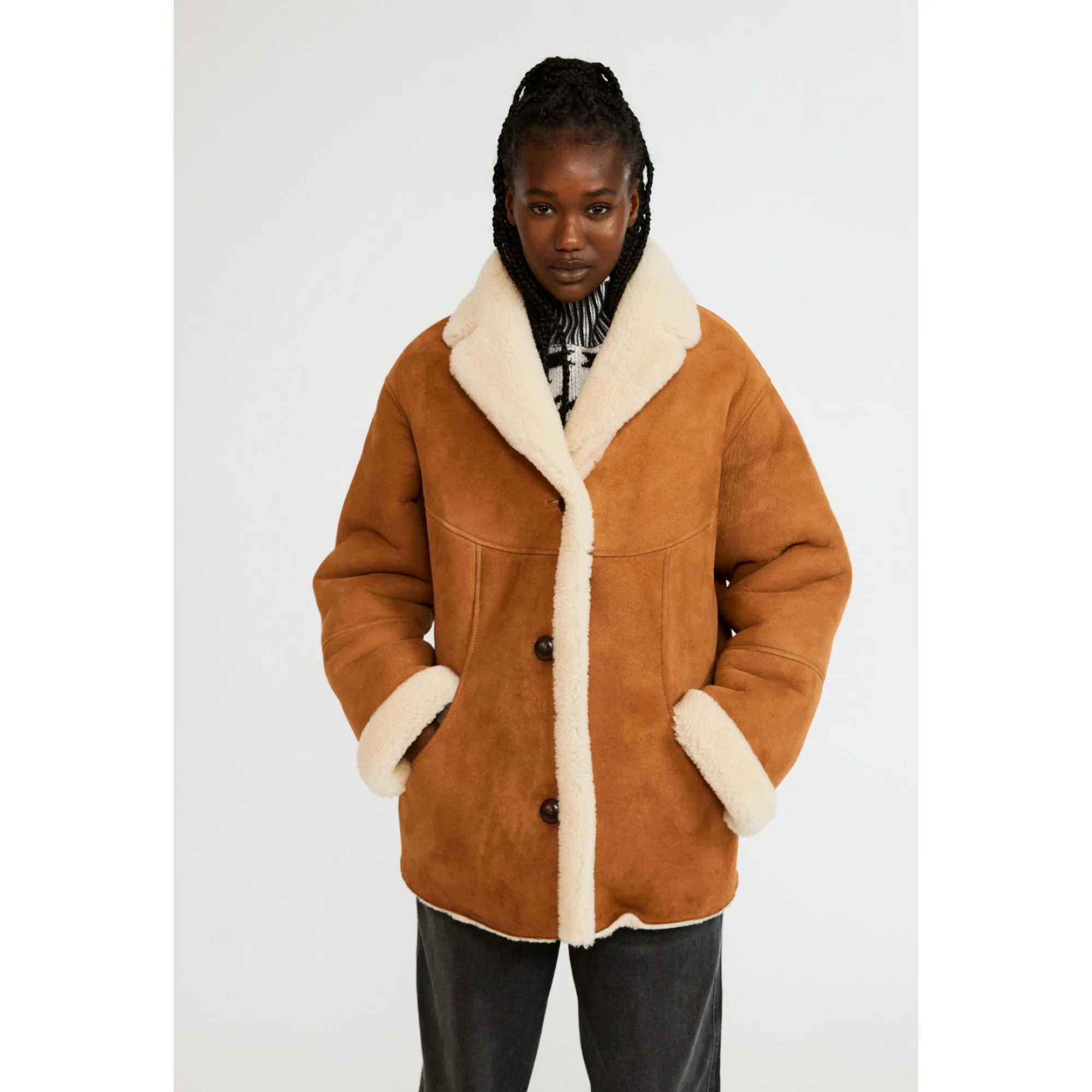 Women Reversible Camel Shearling Coat - Camel