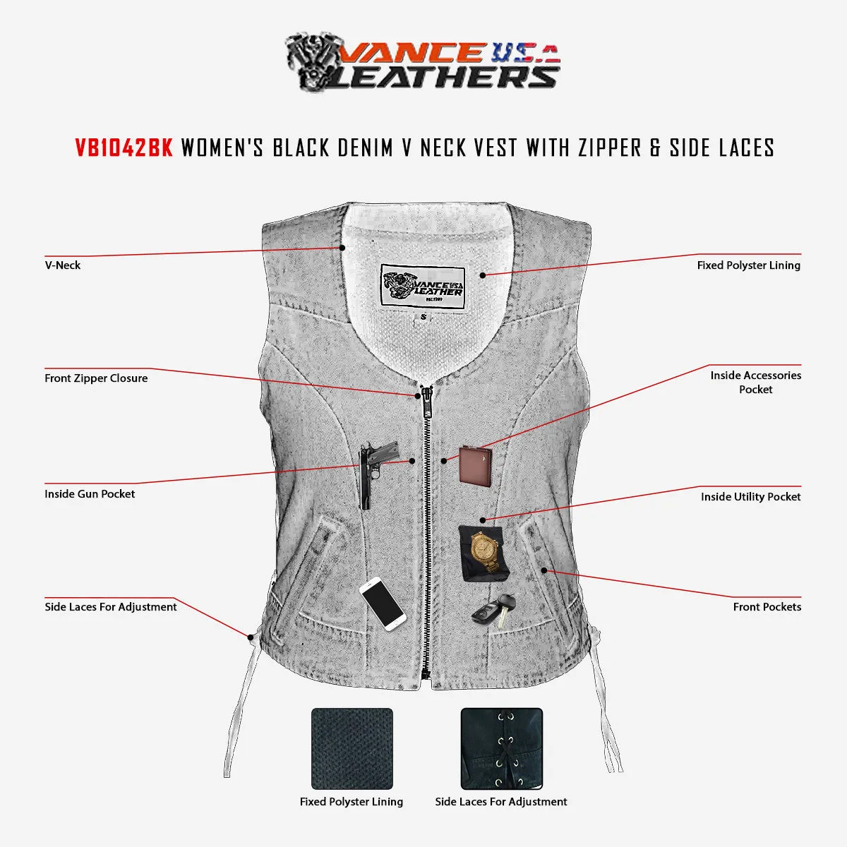 Womens Black Denim V Neck with Zipper & Side Laces Motorcycle Vest