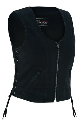 Womens Black Denim V Neck with Zipper & Side Laces Motorcycle Vest