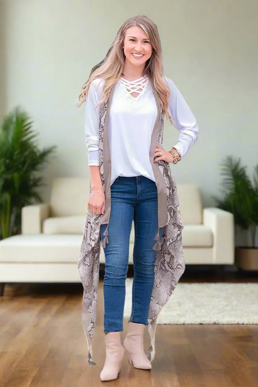 Womens Snakeskin Kimono, Open Front Cardigan, Sleeveless Vest, One Size, Gray/Tan