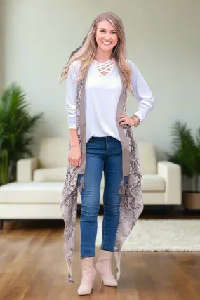 Womens Snakeskin Kimono, Open Front Cardigan, Sleeveless Vest, One Size, Gray/Tan