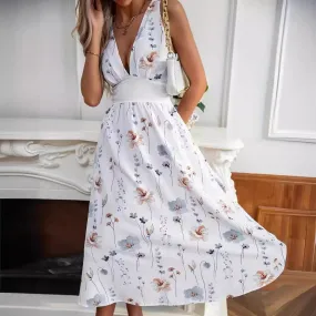 Women's V-Neck High Waist Sleeveless Floral Midi Dress