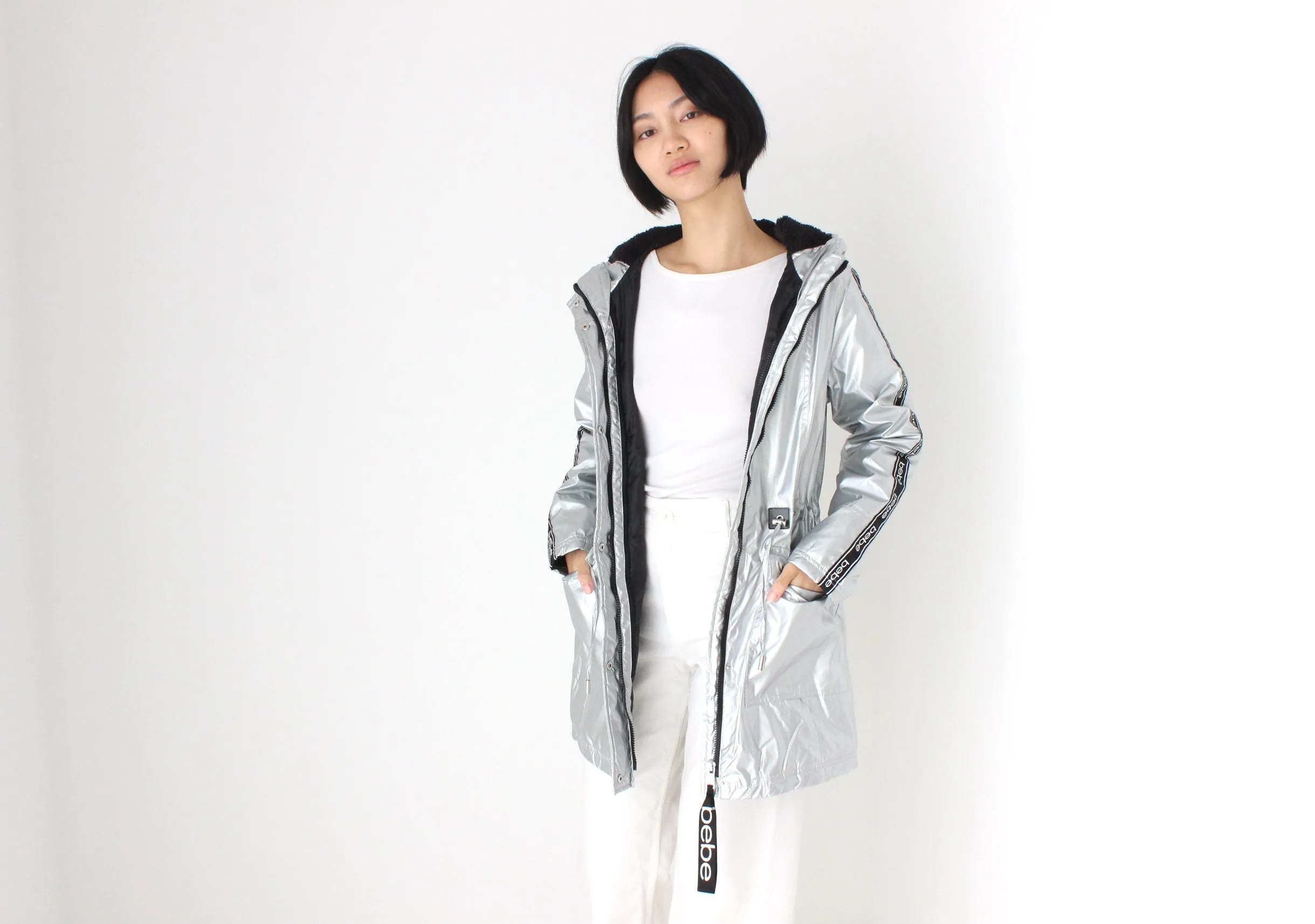 Y2K Bebe Sport Metallic Logo Strip Quilted, Hooded Puffer Jacket