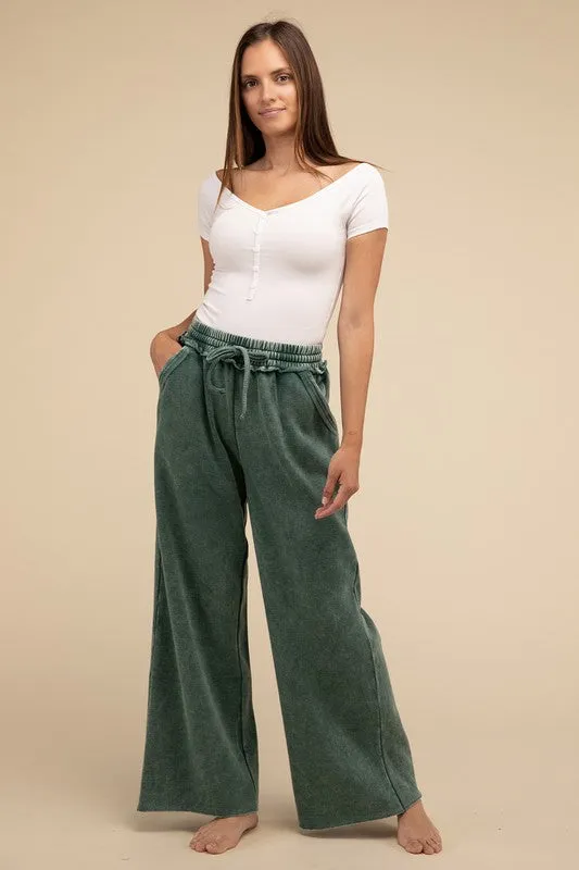 Zenana Acid Wash Fleece Palazzo Sweatpants with Pockets
