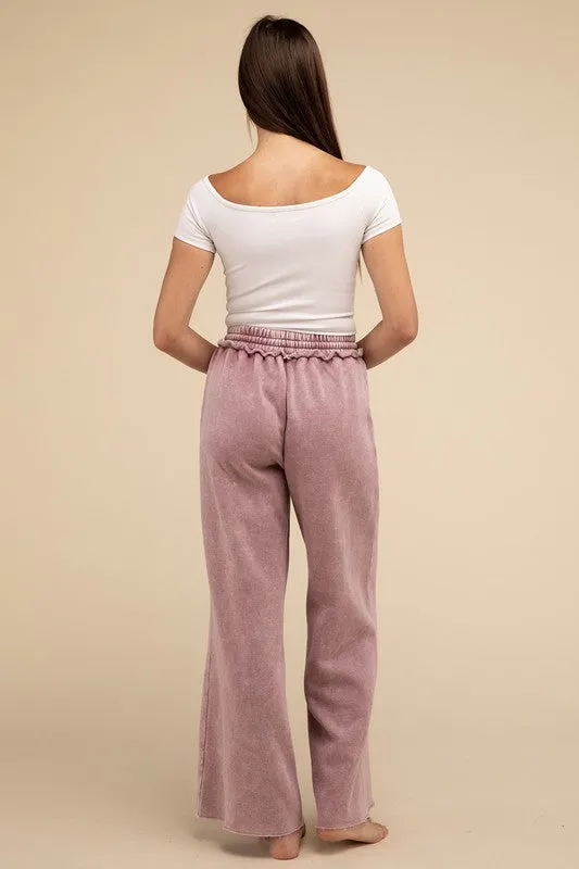 Zenana Acid Wash Fleece Palazzo Sweatpants with Pockets