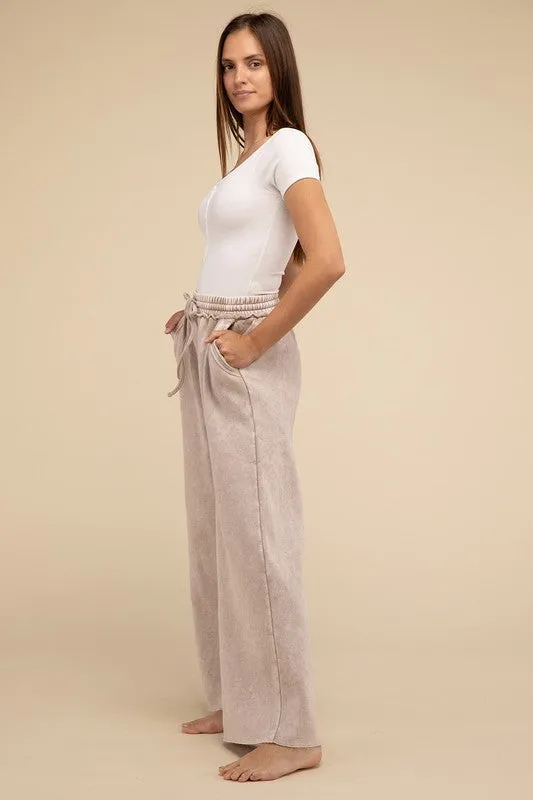 Zenana Acid Wash Fleece Palazzo Sweatpants with Pockets