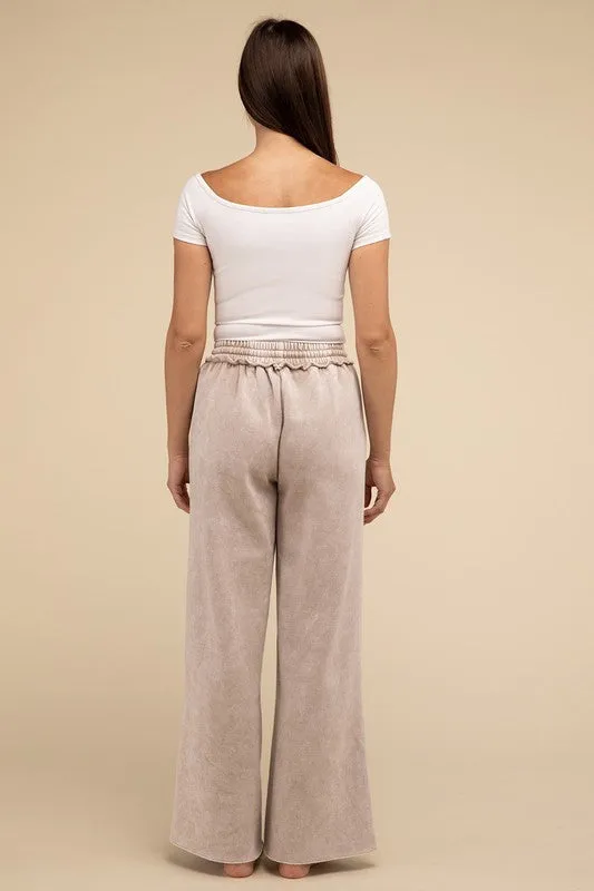 Zenana Acid Wash Fleece Palazzo Sweatpants with Pockets