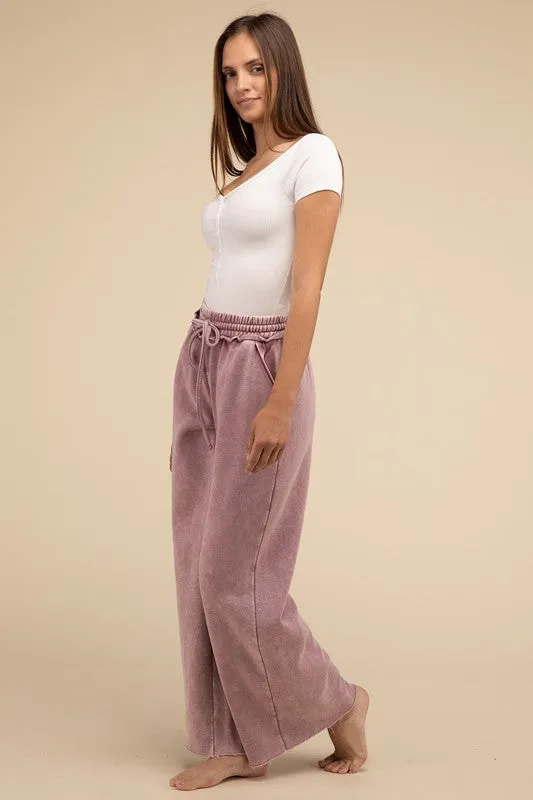 Zenana Acid Wash Fleece Palazzo Sweatpants with Pockets