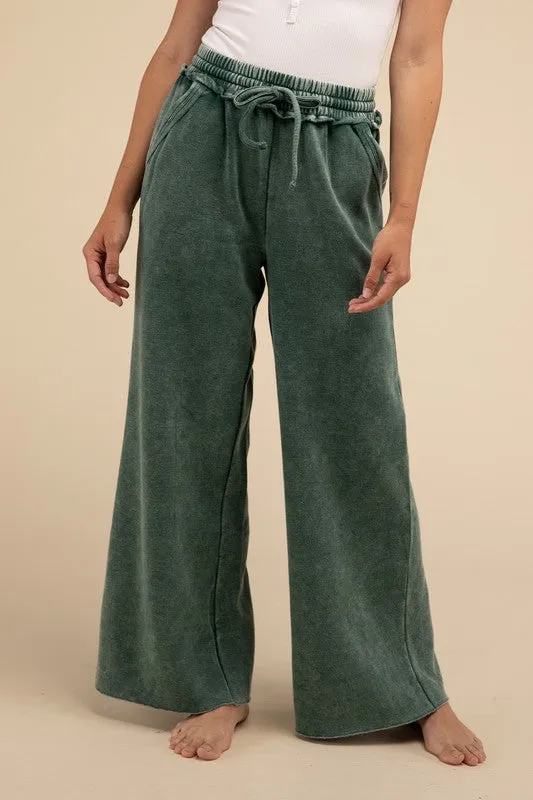 Zenana Acid Wash Fleece Palazzo Sweatpants with Pockets
