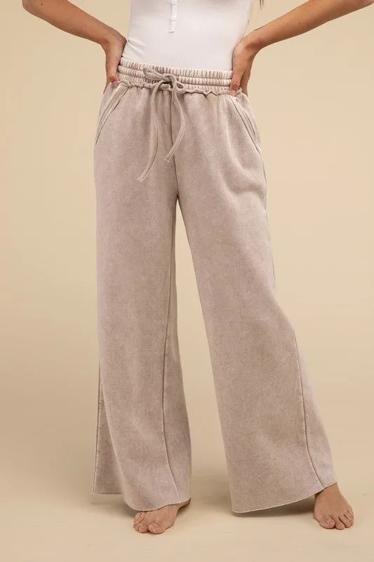 Zenana Acid Wash Fleece Palazzo Sweatpants with Pockets
