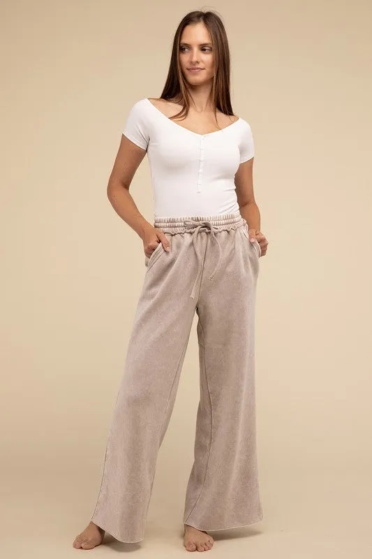 Zenana Acid Wash Fleece Palazzo Sweatpants with Pockets