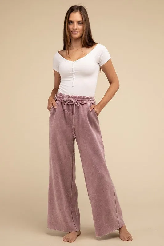 Zenana Acid Wash Fleece Palazzo Sweatpants with Pockets