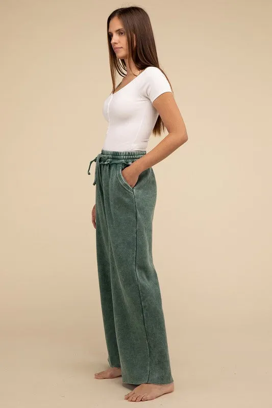 Zenana Acid Wash Fleece Palazzo Sweatpants with Pockets