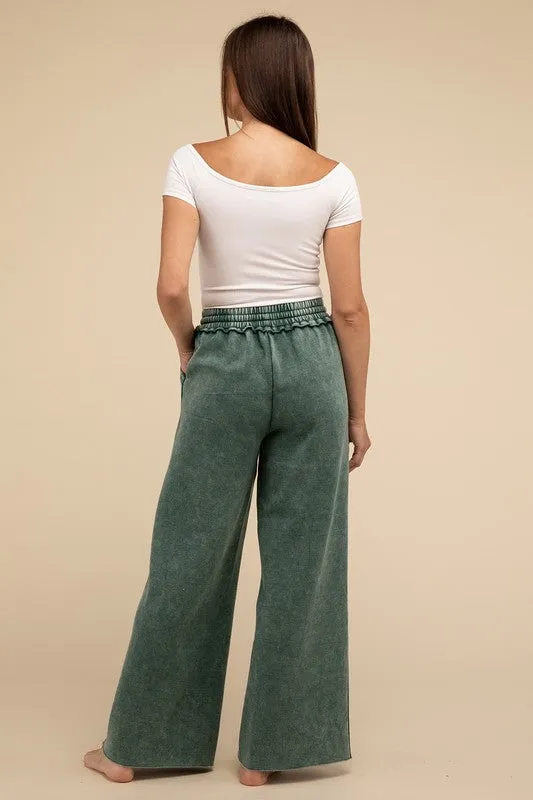 Zenana Acid Wash Fleece Palazzo Sweatpants with Pockets