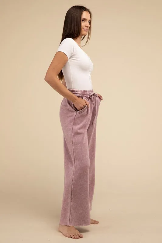 Zenana Acid Wash Fleece Palazzo Sweatpants with Pockets