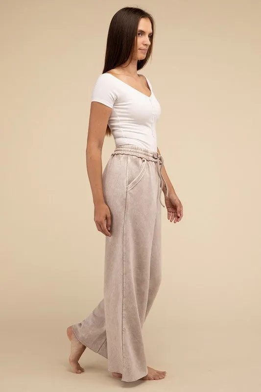 Zenana Acid Wash Fleece Palazzo Sweatpants with Pockets